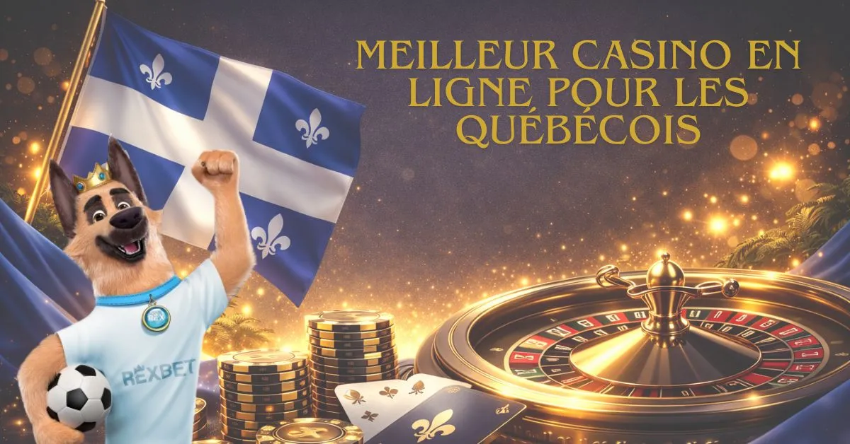Image montrant une mascotte de chien cartoon portant une couronne et un t-shirt Rexbet, tenant un ballon de football et levant le poing devant le drapeau du Québec, avec des piles de jetons de casino, des cartes à jouer et une roulette brillante à côté du texte « Meilleur casino en ligne pour les Québécois ».