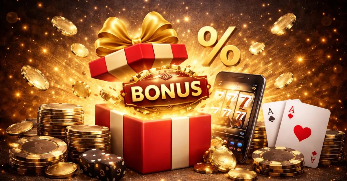 Illustration d’un bonus de casino en ligne avec une boîte cadeau rouge ouverte d’où sort un panneau « BONUS », entourée de pièces d’or, d’un symbole de pourcentage, d’un smartphone affichant une machine à sous et de cartes as, sur un fond sombre avec des effets lumineux dorés.