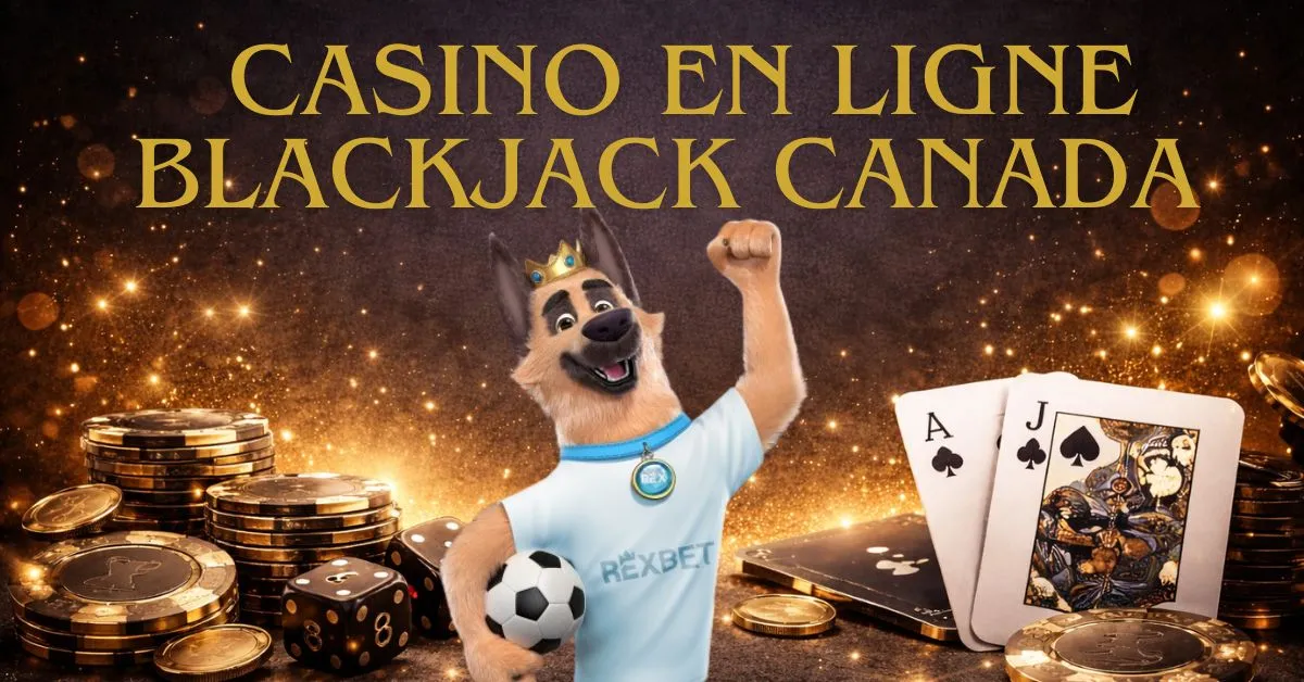 Bannière de casino en ligne avec une mascotte de chien portant une couronne et un t-shirt Rexbet, levant le poing et tenant un ballon de football, entourée de jetons de casino, de dés, de pièces et de cartes de blackjack (as et valet de pique) sous le texte « Casino en ligne blackjack Canada