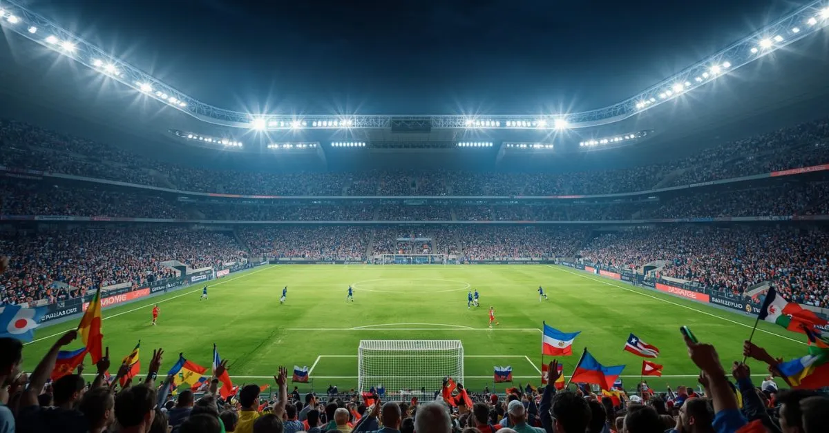 Stade de soccer rempli de supporters avec des drapeaux internationaux, match en cours sur le terrain sous un éclairage puissant et une ambiance de grande compétition internationale.