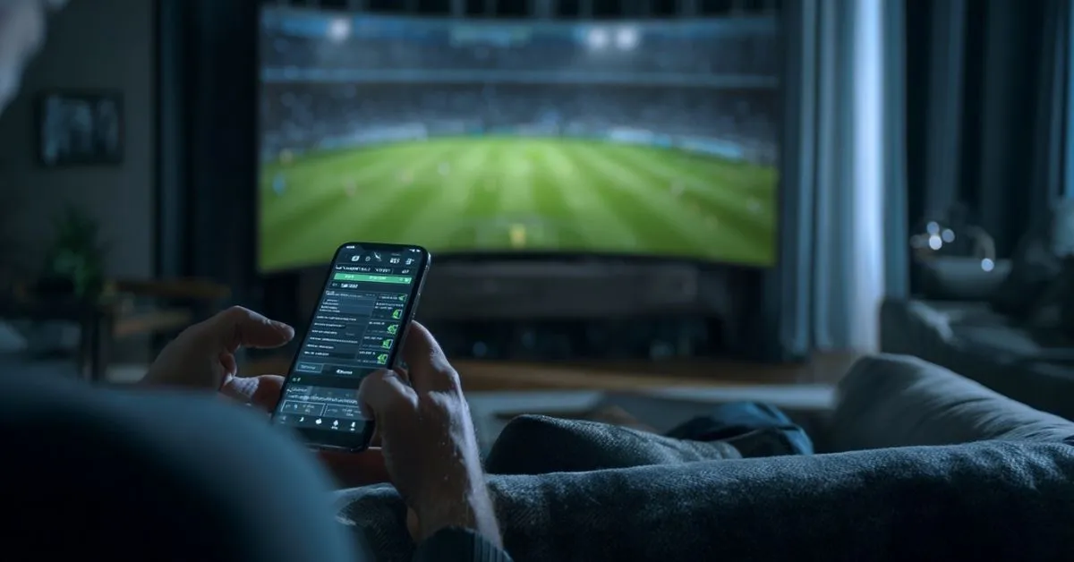 Personne pariant sur le sport en ligne depuis son téléphone pendant qu’un match de soccer est diffusé sur un téléviseur dans un salon sombre.