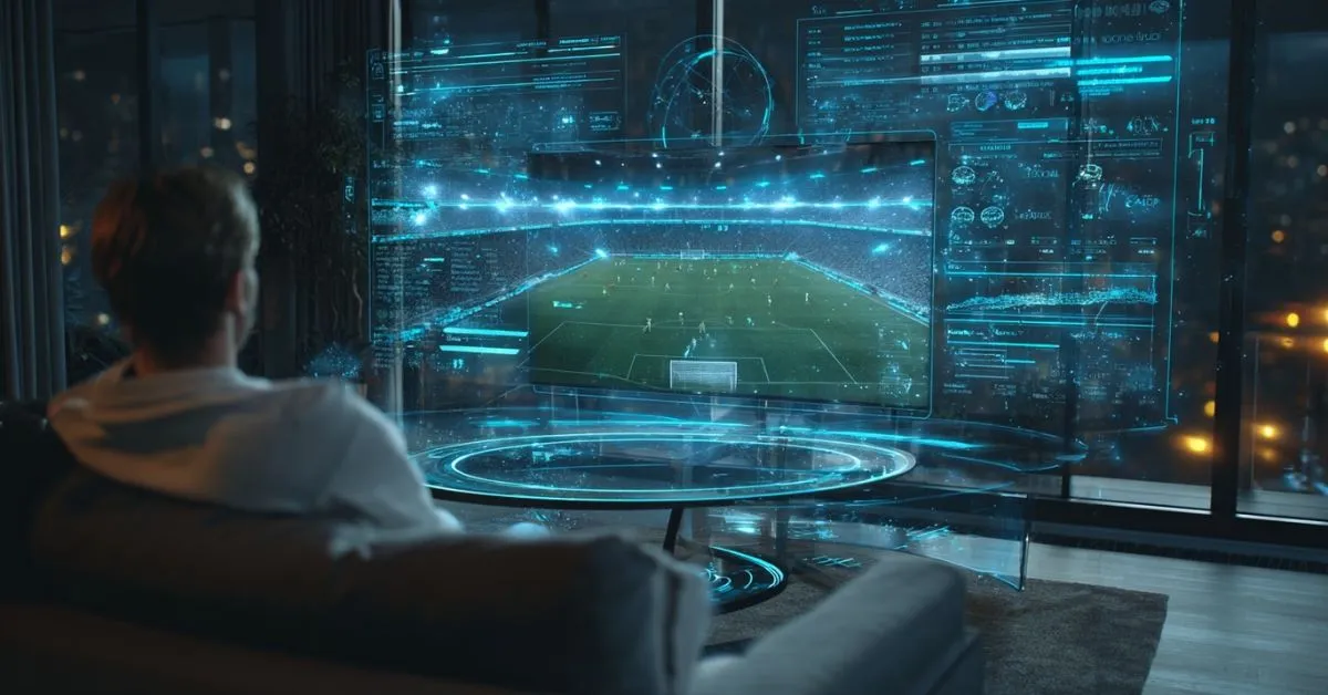 Personne regardant un match de soccer sur des écrans holographiques futuristes affichant des statistiques, des graphiques et des données de paris sportifs en temps réel.